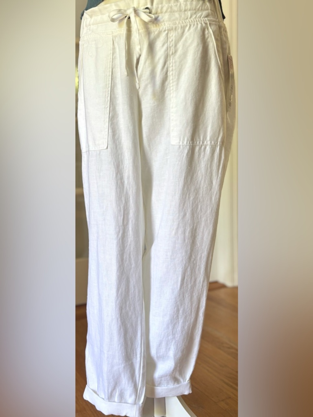 Athleta Linen Ankle Pants White Drawstring Elastic Waist Size 6 NWT
